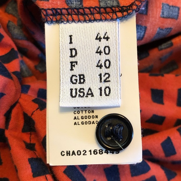Aeffe Spa Orange Navy Patterned Button Down Blouse Cotton Sz 10 US EUC! - Picture 9 of 16